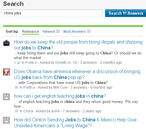 Yahoo Answers show people concerned about jobs being lost to China